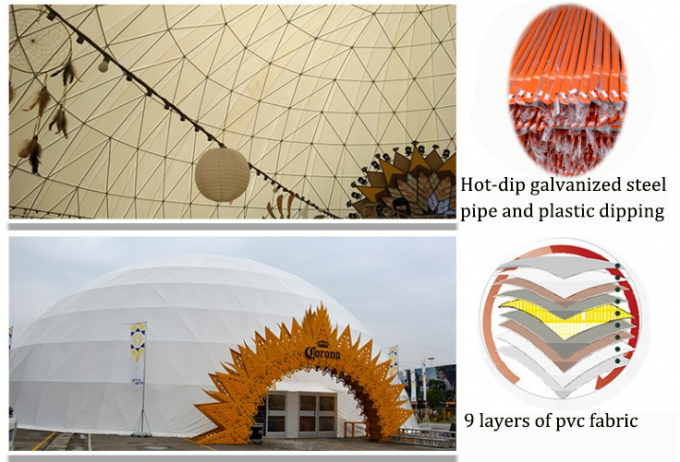 Круглый белый шатер половинной сферы, шатер геодезического купола диаметра 35м
